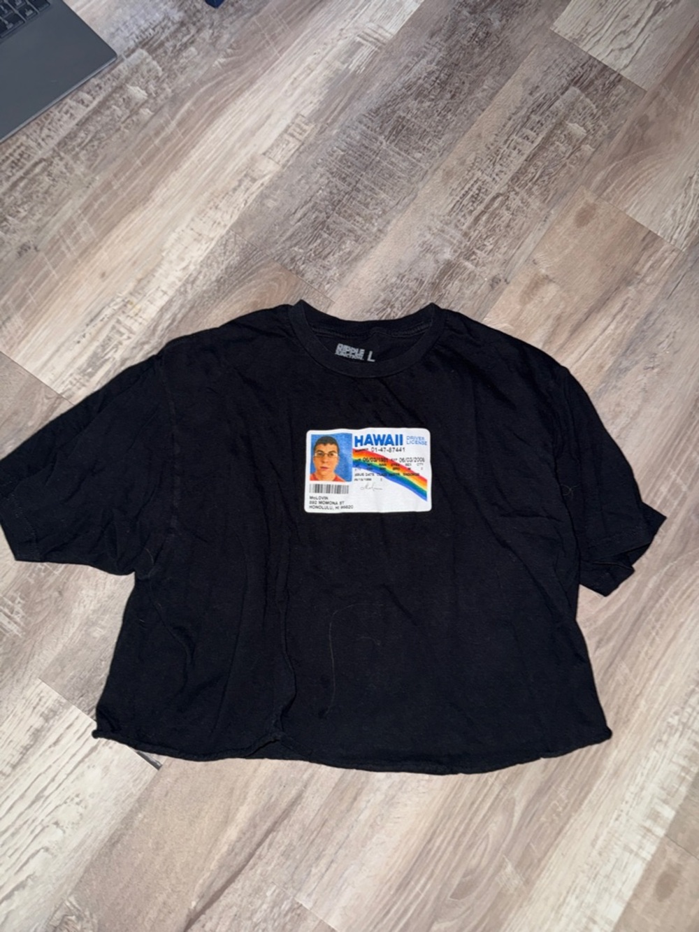 Black Cropped Graphic Tee with Rainbow ID Patch